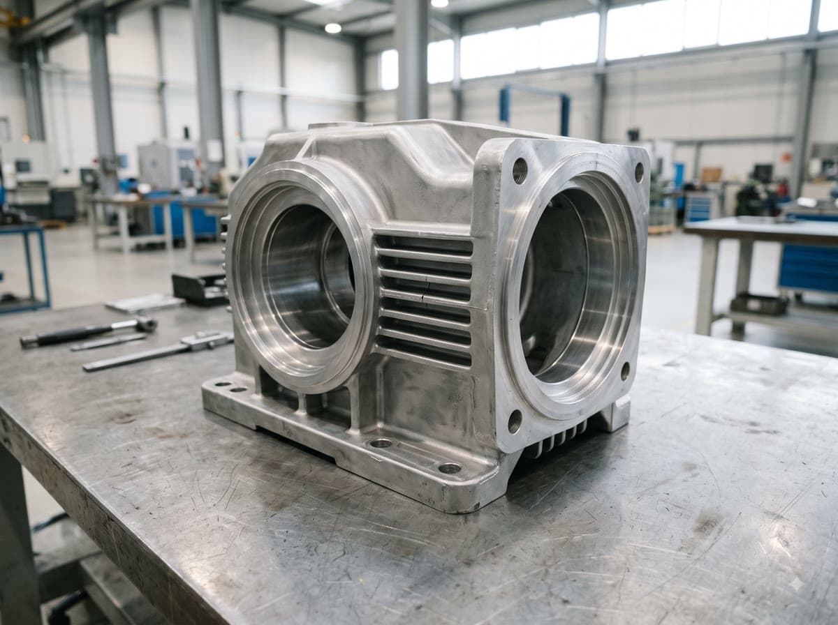 Machined parts: A cast gearbox housing becomes a measured model: features labelled, the bore measured, and a surface crack on the housing flagged.